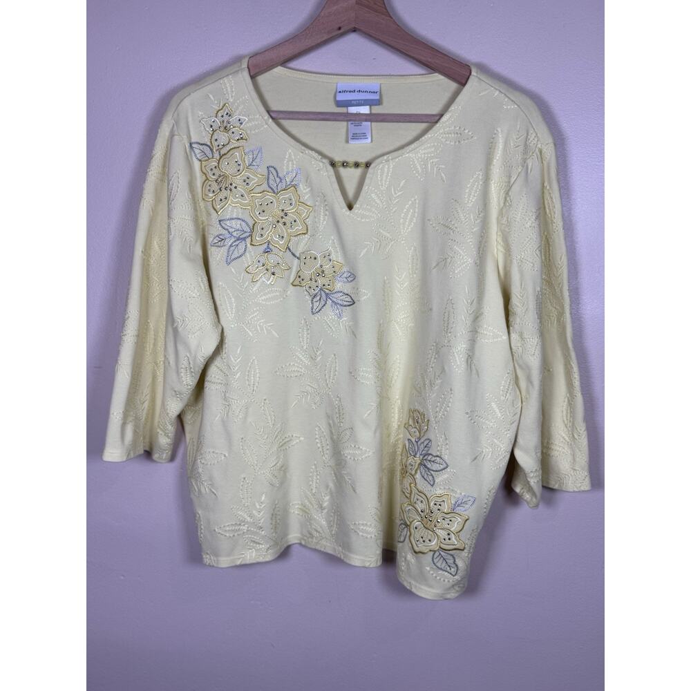 Alfred Dunner Womens Top Blouse Embroidered Floral PXL Yelllow 3/4 Sleeve
